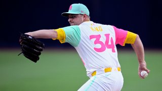 SAN DIEGO, CALIFORNIA – APRIL 25: Michael King #34 of the San Diego Padres pitches against the Tampa Bay Rays during the first inning at Petco Park on April 25, 2025 in San Diego, California. (Photo by Orlando Ramirez/Getty Images)