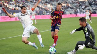 SAN DIEGO, CALIFORNIA – APRIL 26: Rafael Cabral #1 and Sam Junqua #29 of Real Salt Lake defend against Chucky Lozano #11 of San Diego FC during the second half of a game at Snapdragon Stadium on April 26, 2025 in San Diego, California. (Photo by Sean M. Haffey/Getty Images)