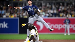 SAN DIEGO, CALIFORNIA โ APRIL 26: Taylor Walls #6 of the Tampa Bay Rays throws to first base after forcing out Fernando Tatis Jr. #23 of the San Diego Padres at second base to complete a double play at Petco Park on April 26, 2025 in San Diego, California. (Photo by Orlando Ramirez/Getty Images)