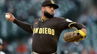 Apr 21, 2025; Detroit, Michigan, USA; San Diego Padres starting pitcher Randy Vásquez (98) throws a pitch against the Detroit Tigers in the second inning at Comerica Park. Mandatory Credit: Lon Horwedel-Imagn Images