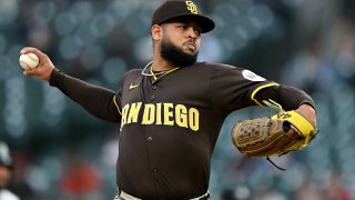 Apr 21, 2025; Detroit, Michigan, USA; San Diego Padres starting pitcher Randy Vásquez (98) throws a pitch against the Detroit Tigers in the second inning at Comerica Park. Mandatory Credit: Lon Horwedel-Imagn Images