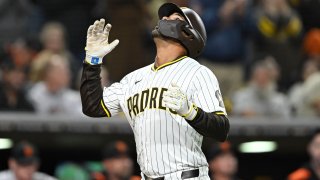 Apr 29, 2025; San Diego, California, USA; San Diego Padres shortstop Xander Bogaerts (2) reacts after hitting a two-run home run during the seventh inning against the San Francisco Giants at Petco Park. Mandatory Credit: Denis Poroy-Imagn Images