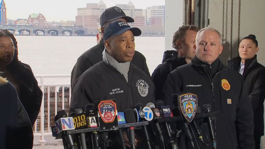 Mayor Eric Adams speaks near crash site on Hudson River