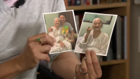 La Mesa-based author Minh Lê holds up photos of him and his grandmother.