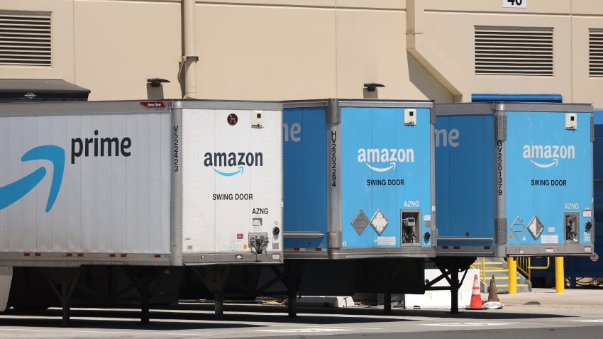 The Amazon Prime logo is displayed on Amazon delivery trucks in Richmond, California, June 21, 2023.