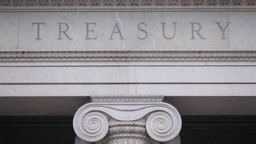 The US Treasury Department building is seen in Washington, DC.