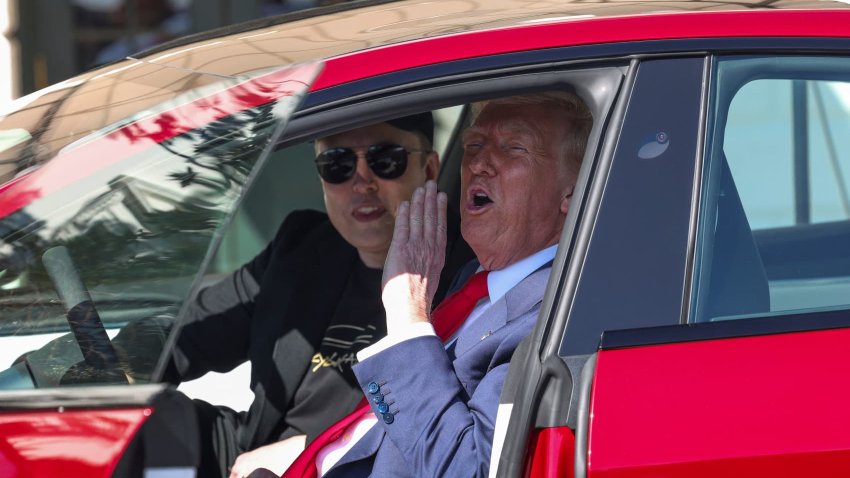 U.S. President Donald Trump and Tesla CEO Elon Musk in a Tesla Model S car, in front of the White House in Washington, D.C., on March 11, 2025.