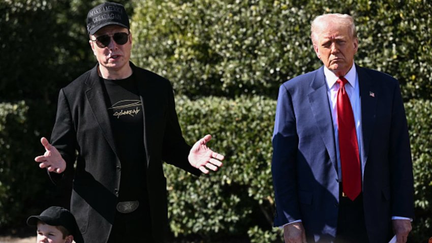U.S. President Donald Trump and Tesla CEO Elon Musk, alongside Musk’s son X Æ A-Xii, speak to the press as they stand next to a Tesla vehicle on the South Portico of the White House in Washington, D.C., on March 11, 2025.