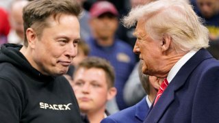 Tesla CEO Elon Musk greets U.S. President Donald Trump as they attend the NCAA men’s wrestling championships in Philadelphia, Pennsylvania, U.S., March 22, 2025.
