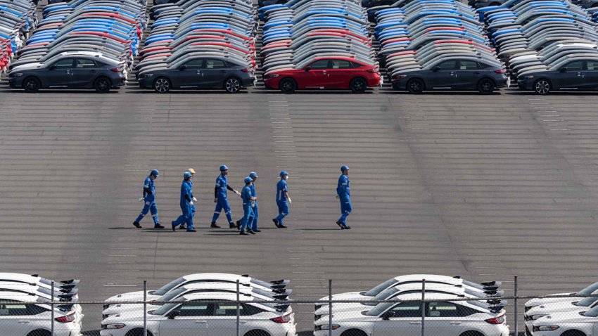 Vehicles awaiting shipment are parked at a port on March 27, 2025 in Yokohama, Japan. U.S. 