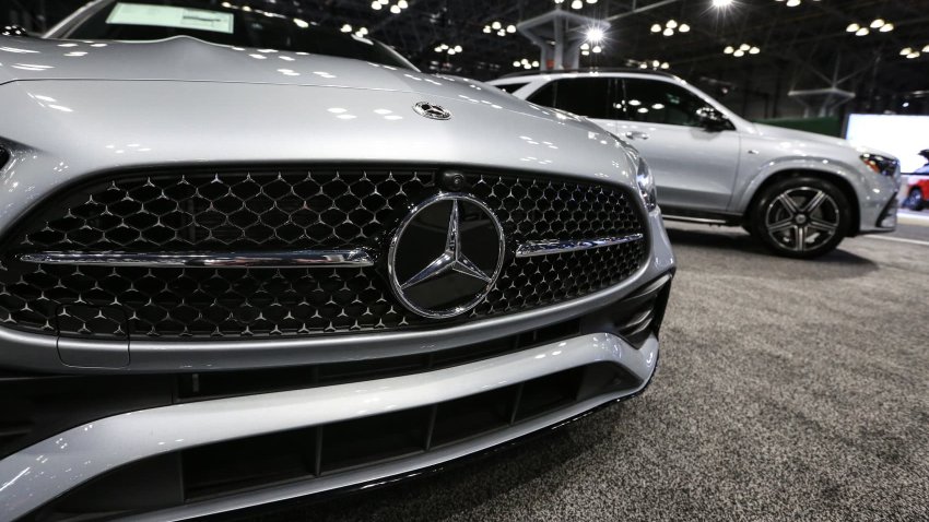 Mercedes-Benz display is seen at the New York International Auto Show on April 16, 2025.