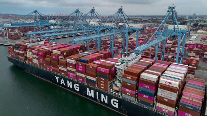 The YM Welcome container ship docked at the Port of Long Beach in Long Beach, California, US, on Monday, April 28, 2025.