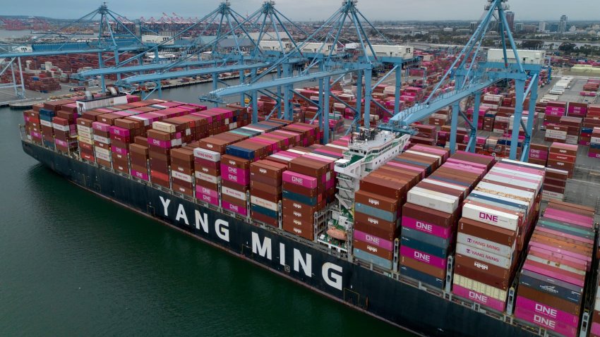 The YM Welcome container ship docked at the Port of Long Beach in Long Beach, California, US, on Monday, April 28, 2025.