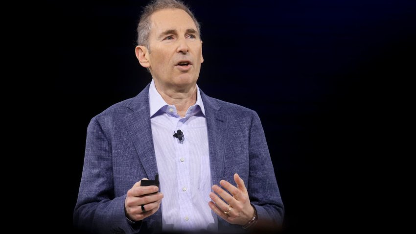 Andy Jassy, CEO of Amazon, speaks during an unveiling event in New York on Feb. 26, 2025.