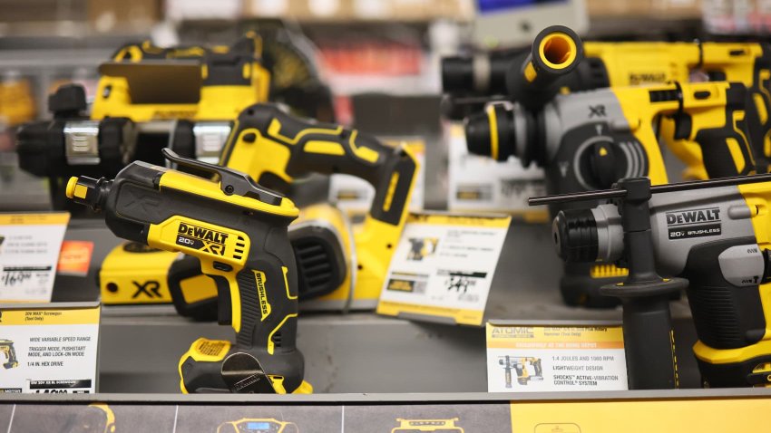 DeWalt power tools are displayed at a Home Depot on May 2, 2025 in New York City.