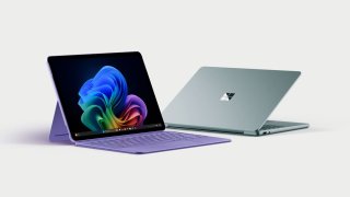 From left, Microsoft’s 2025 Surface Pro with optional keyboard attached and the company’s 2025 Surface Laptop.