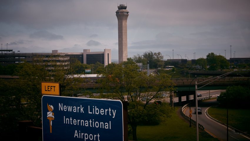 An airport control tower is seen at Newark Liberty International Airport, on May 6, 2025 in Newark, New Jersey.