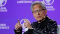 Founder and CEO at Nvidia Jensen Huang is interviewed by Chairman of the Milken Institute Michael Milken (not pictured) during the Milken Institute Global Conference 2025 in Beverly Hills, California, U.S., May 5, 2025.