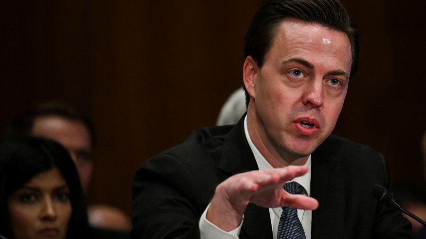 Jonathan McKernan testifies during a Senate Banking, Housing and Urban Affairs Committee confirmation hearing on Capitol Hill in Washington, D.C., U.S., February 27, 2025.