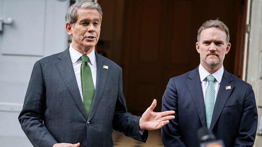 US Treasury Secretary Scott Bessent (L) and US Trade Representative Jamieson Greer speak to the media after talks between senior US and Chinese officials on tariffs in Geneva on May 11, 2025.