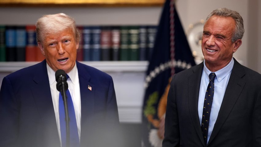 President Donald Trump, joined by Health and Human Services Secretary Robert F. Kennedy Jr., speaks during a press conference in the Roosevelt Room of the White House on May 12, 2025, in Washington, DC.