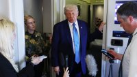 U.S. President Donald J. Trump speaks to media on Air Force One as he departs the Al Bateen Executive Airport on May 15, 2025, in Abu Dhabi, United Arab Emirates.