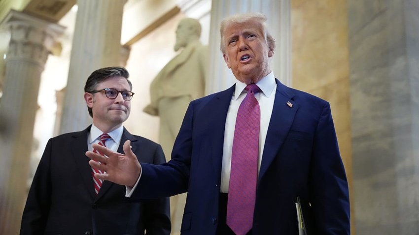 President Donald Trump arrives with Speaker of the House Mike Johnson (R-LA) for a House Republican meeting at the U.S. Capitol on May 20, 2025 in Washington, DC.