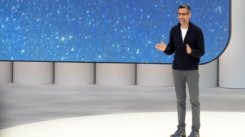 Sundar Pichai, CEO of Google, speaks at the Google I/O developer conference.