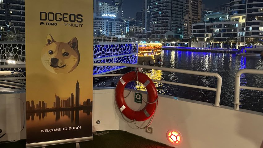 A yacht party hosted by DogeOS during the Token2049 Dubai conference week. Dubai, United Arab Emirates, May 1, 2025