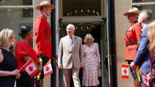 Britain's King Charles, centre left, and Queen Camilla leave after visiting the Canada House Trafalgar Square