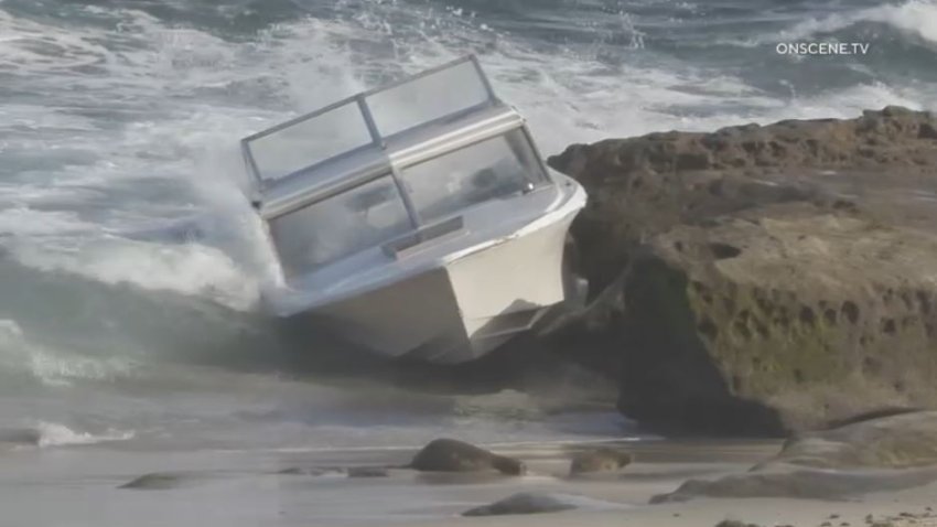 Image showing a boat that washed up to shore Sunday morning near Windandsea Beach, in La Jolla.