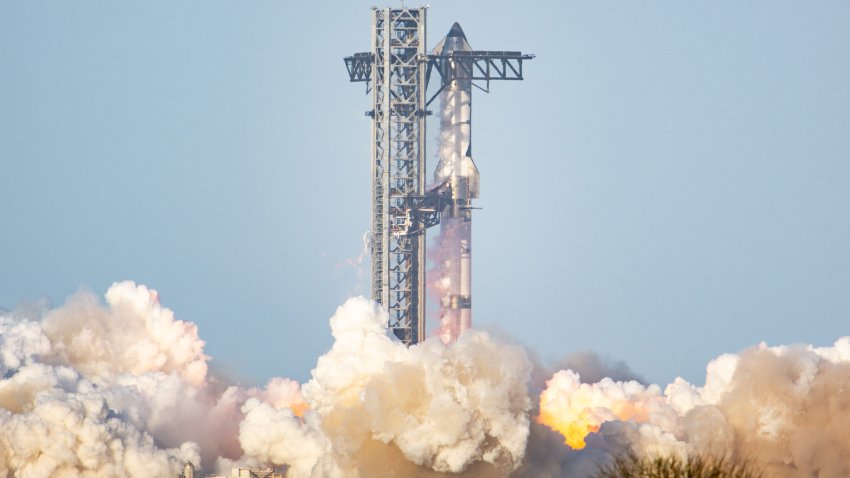 SpaceX Starship Flight 8 takes off from Orbital Launch Pad A at Boca Chica beach on March 06, 2025 in Boca Chica Beach, Texas.
