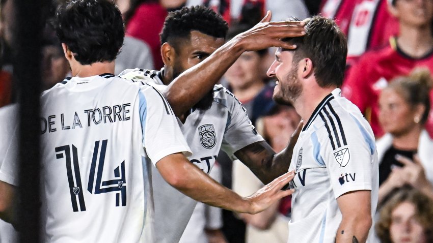 ST. LOUIS, MO – MAY 10: Anibal Godoy (20) of San Diego FC and Luca De La Torre (14) of San Diego FC congratulate Anders Dreyer (10) of San Diego FC on his goal during the MLS regular season match where St. Louis CITY SC hosted San Diego FC on  Saturday May 10,, 2025, at Energizer Park in St. Louis City, MO. (Photo by Rick Ulreich/Icon Sportswire via Getty Images)