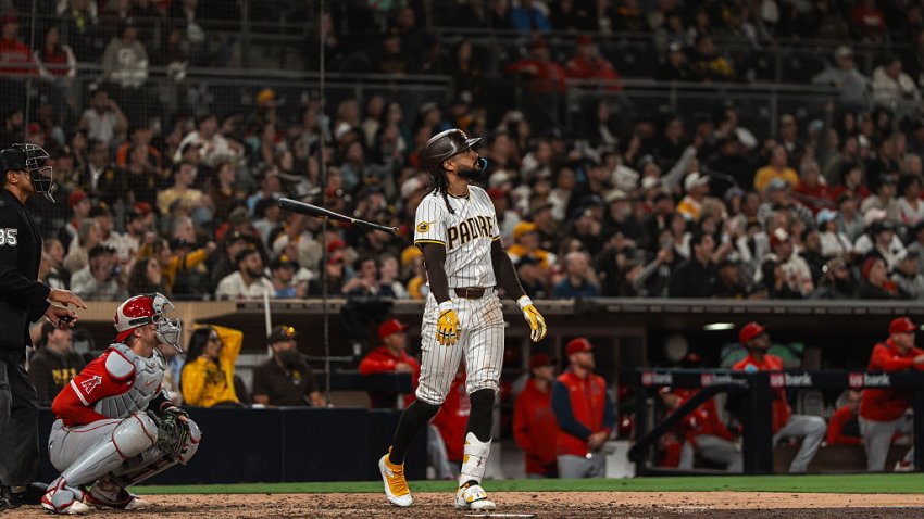 SAN DIEGO, CALIFORNIA – MAY 13: Fernando Tatis Jr. #23 of the San Diego Padres hits a game-winning, walk-off home run in the ninth inning against the Los Angeles Angels at Petco Park on May 13, 2025 in San Diego, California. (Photo by Matt Thomas/San Diego Padres/Getty Images)
