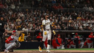 SAN DIEGO, CALIFORNIA – MAY 13: Fernando Tatis Jr. #23 of the San Diego Padres hits a game-winning, walk-off home run in the ninth inning against the Los Angeles Angels at Petco Park on May 13, 2025 in San Diego, California. (Photo by Matt Thomas/San Diego Padres/Getty Images)