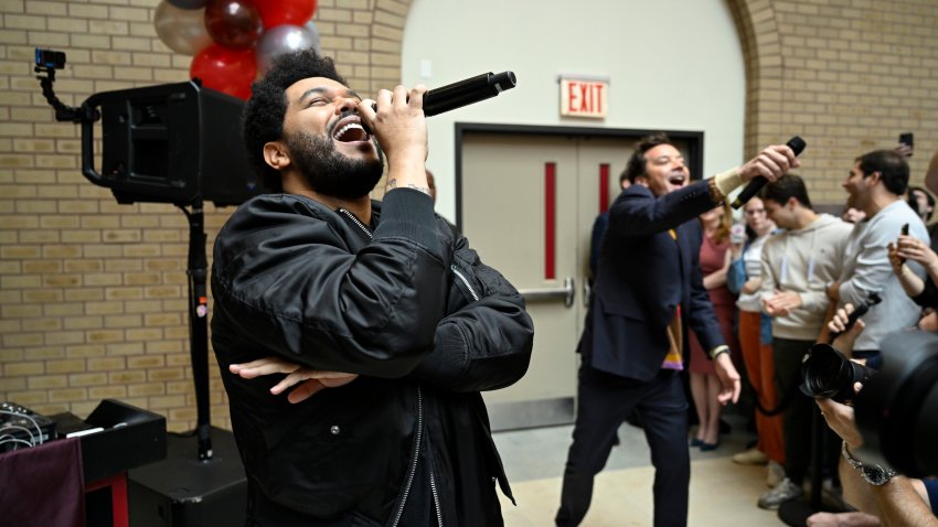 Singer-songwriter The Weeknd and host Jimmy Fallon crash a party at Fordham University