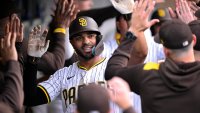 SAN DIEGO, CALIFORNIA – MAY 14: Xander Bogaerts #2 of the San Diego Padres is congratulated in the dugout after hitting a three-run home run against the Los Angeles Angels during the first inning at Petco Park on May 14, 2025 in San Diego, California. (Photo by Orlando Ramirez/Getty Images)