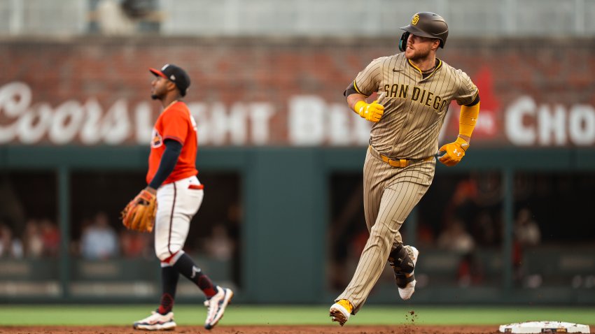 ATLANTA, GEORGIA – MAY 23: Gavin Sheets #30 of the San Diego Padres jogs around the bases after hitting a home run in the second inning during the game against the Atlanta Braves at Truist Park on May 23, 2025 in Atlanta, Georgia. (Photo by Matt Thomas/San Diego Padres/Getty Images)