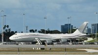 A Qatari Boeing 747 sits on the tarmac of Palm Beach International airport after President Donald Trump toured the aircraft on Feb. 15, 2025.