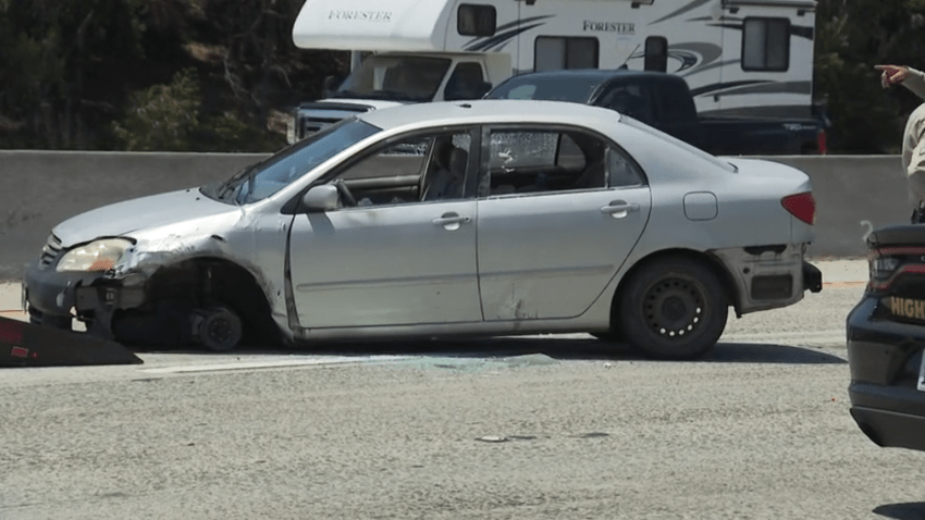 A vehicle involved in a pursuit that prompted a full closure of I-5 near SR-56 on May, 26, 2025.