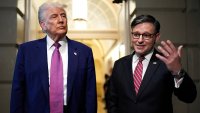 President Donald Trump and Speaker of the House Mike Johnson, R-La., speak to reporters after departing a House Republican conference meeting, Tuesday, May 20, 2025, at the U.S. Capitol in Washington.