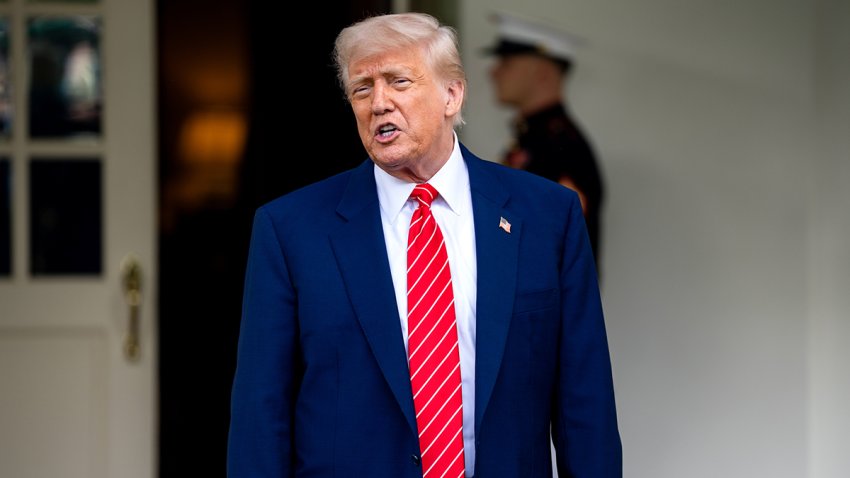 President Donald Trump speaks to members of the media outside the West Wing of the White House on Thursday, May 8, 2025.
