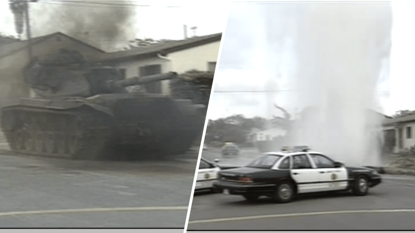A military tank is shown on the streets of San Diego, May 17, 1995. (L). Police cruisers respond to a water main break after it was run over by the tank, May 17, 1995. (R).