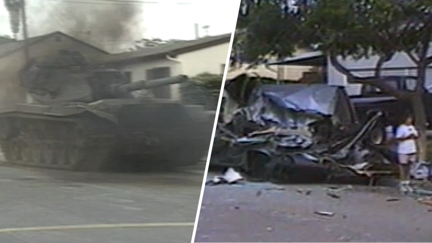 A military tank is shown on the streets of San Diego, May 17, 1995. (L). Police cruisers respond to a water main break after it was run over by the tank, May 17, 1995. (R).