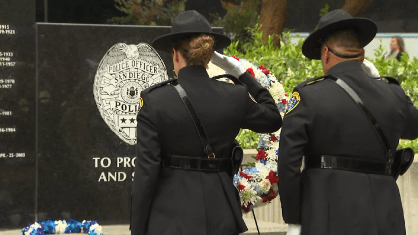 Officers salute a San Diego Police fallen officer memorial on May 28, 2025.