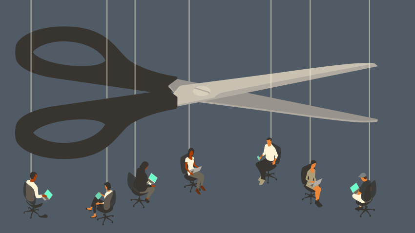 Layoffs are illustrated by an oversized pair of scissors, that looms over seven workers sitting in office chairs suspended by strings.