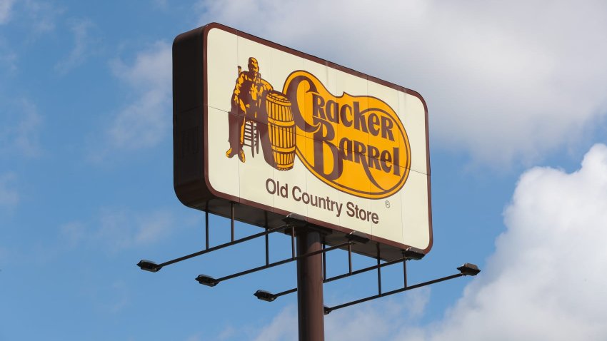The logo for Cracker Barrel Old Country Store is seen on a sign along Interstate 80.