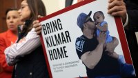 U.S. Reps. Nydia Velazquez, D-N.Y., at left, and Juan Vargas, D-Calif., hold pictures of Kilmar Abrego Garcia during a news conference to discuss Abrego Garcia’s arrest and deportation, at the Cannon House Office Building in Washington, April 9, 2025.