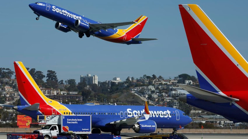 A Southwest Airlines Boeing 737 MAX8 departs from San Diego International Airport to Chicago on March 4, 2025 in San Diego, California.