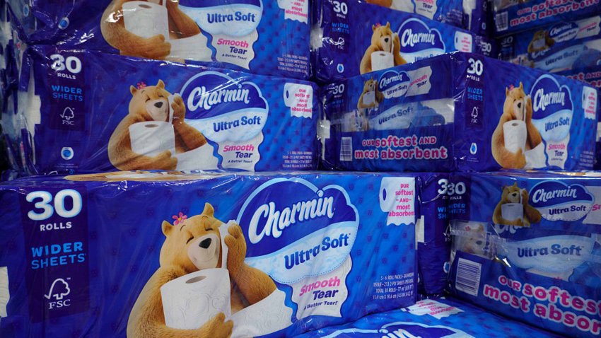 Packages of Charmin Ultra Soft bath tissue are stacked at a Costco Wholesale store in San Diego, California, on March 11, 2025.